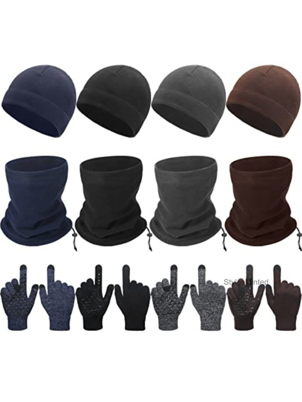 Winter Beanie Hat Scarf Gloves Set 12 Pcs Fleece Wool Touchscreen